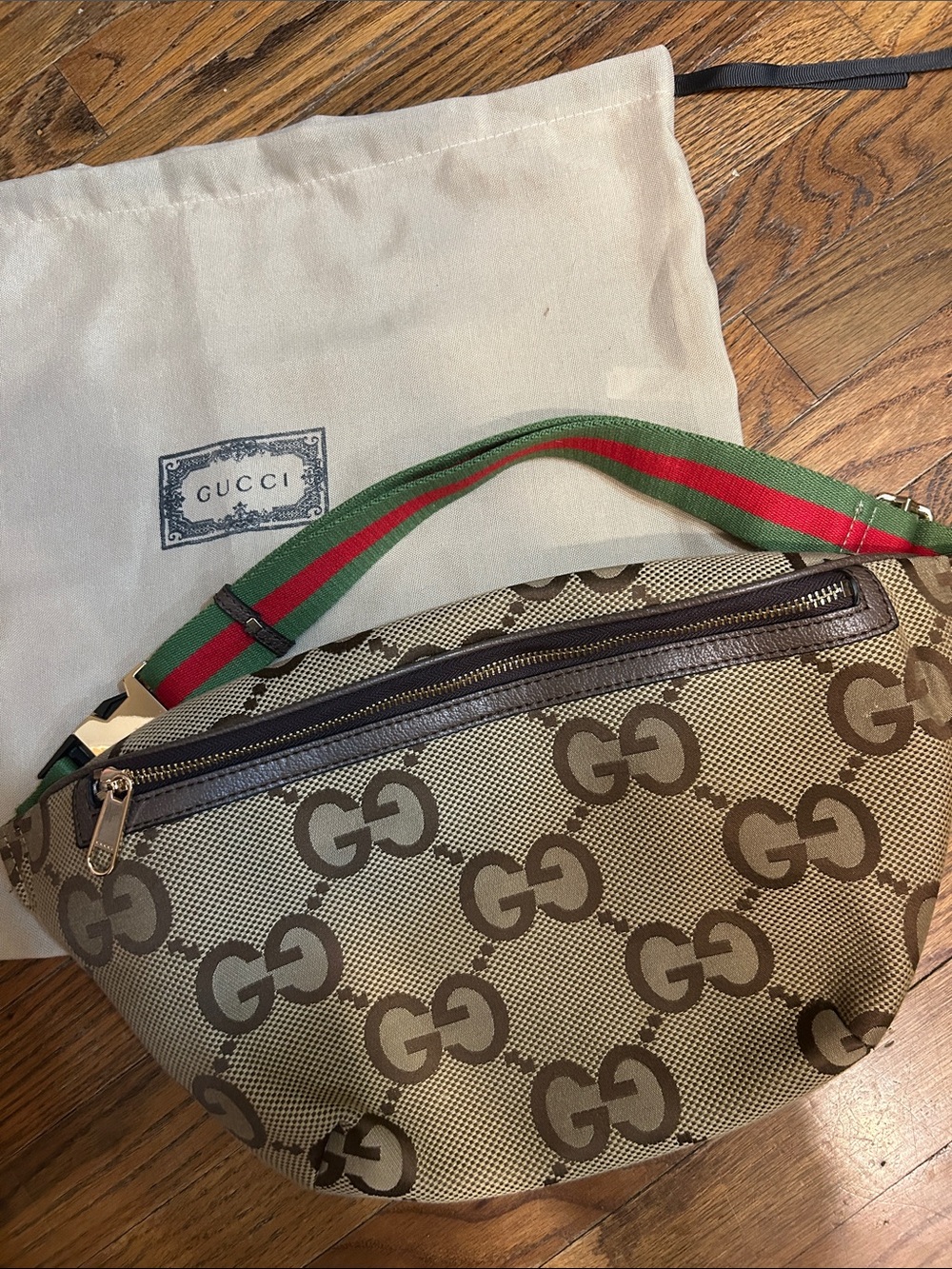 Gucci Beige/Brown GG Canvas Belt Bag with Green-Red Web Strap